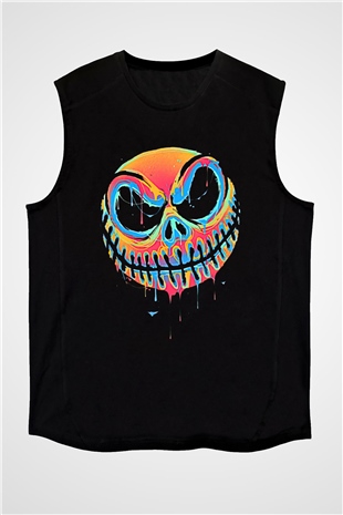 Halloween Baskılı Unisex Siyah Kolsuz Tişört - Tshirt