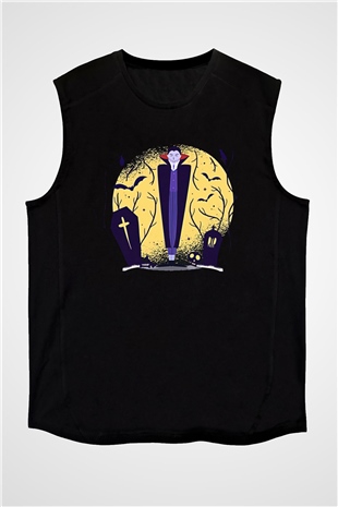 Halloween Baskılı Unisex Siyah Kolsuz Tişört - Tshirt
