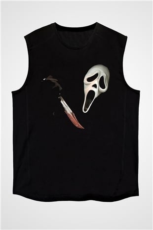 Halloween Baskılı Unisex Siyah Kolsuz Tişört - Tshirt