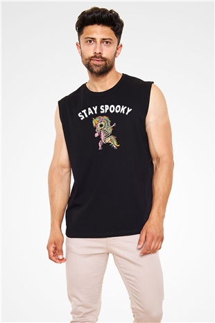 Halloween Baskılı Unisex Siyah Kolsuz Tişört - Tshirt