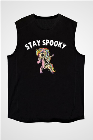 Halloween Baskılı Unisex Siyah Kolsuz Tişört - Tshirt