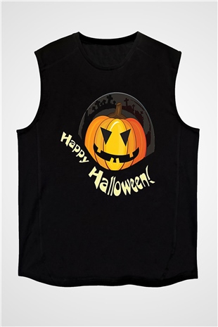 Halloween Baskılı Unisex Siyah Kolsuz Tişört - Tshirt
