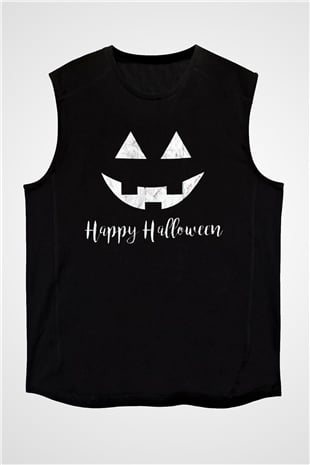 Halloween Baskılı Unisex Siyah Kolsuz Tişört - Tshirt