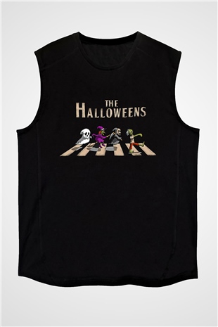 Halloween Baskılı Unisex Siyah Kolsuz Tişört - Tshirt