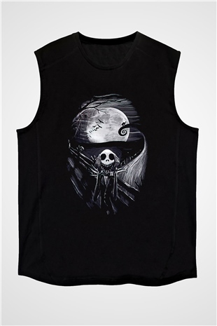 Halloween Baskılı Unisex Siyah Kolsuz Tişört - Tshirt