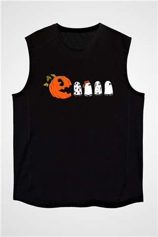 Halloween Baskılı Unisex Siyah Kolsuz Tişört - Tshirt