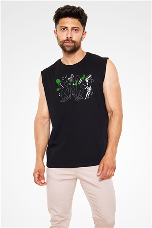 Halloween Baskılı Unisex Siyah Kolsuz Tişört - Tshirt