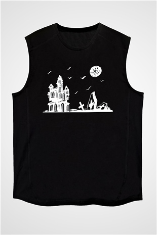 Halloween Baskılı Unisex Siyah Kolsuz Tişört - Tshirt