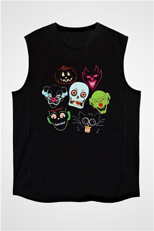 Halloween Baskılı Unisex Siyah Kolsuz Tişört - Tshirt