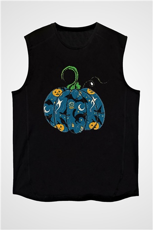 Halloween Baskılı Unisex Siyah Kolsuz Tişört - Tshirt