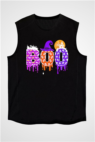 Halloween Baskılı Unisex Siyah Kolsuz Tişört - Tshirt