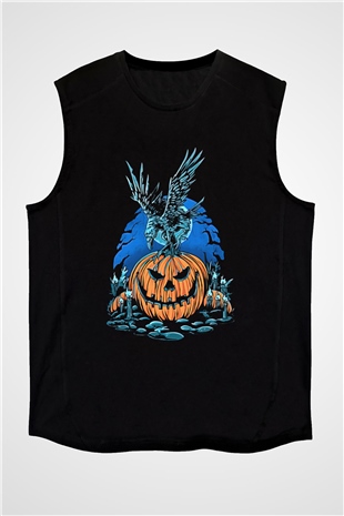 Halloween Baskılı Unisex Siyah Kolsuz Tişört - Tshirt