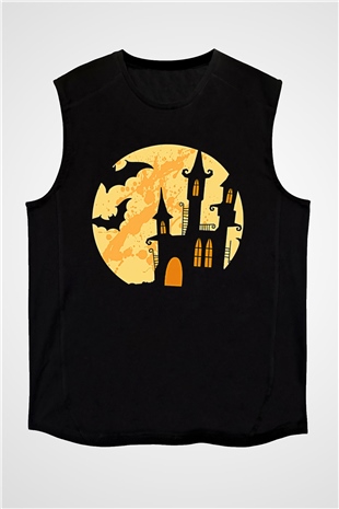 Halloween Baskılı Unisex Siyah Kolsuz Tişört - Tshirt