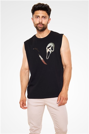 Halloween Baskılı Unisex Siyah Kolsuz Tişört - Tshirt