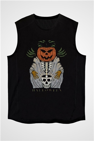 Halloween Baskılı Unisex Siyah Kolsuz Tişört - Tshirt
