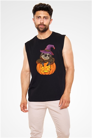 Halloween Baskılı Unisex Siyah Kolsuz Tişört - Tshirt
