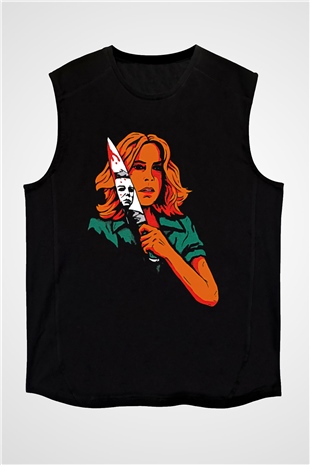 Halloween Baskılı Unisex Siyah Kolsuz Tişört - Tshirt