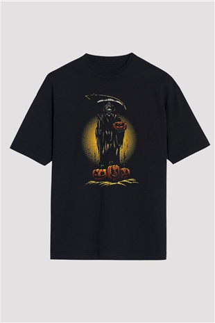 Halloween Baskılı Unisex Siyah Oversize Tişört - Tshirt