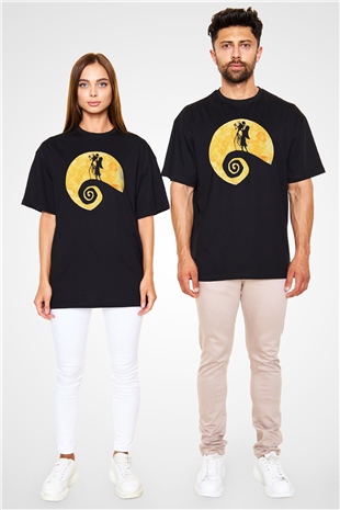 Halloween Baskılı Unisex Siyah Oversize Tişört - Tshirt