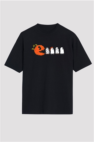 Halloween Baskılı Unisex Siyah Oversize Tişört - Tshirt