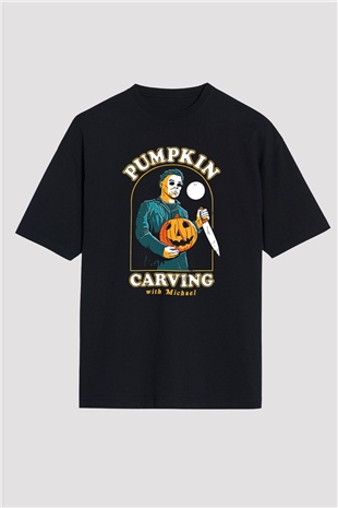 Halloween Baskılı Unisex Siyah Oversize Tişört - Tshirt