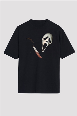 Halloween Baskılı Unisex Siyah Oversize Tişört - Tshirt