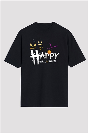 Halloween Baskılı Unisex Siyah Oversize Tişört - Tshirt
