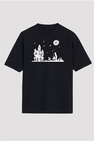 Halloween Baskılı Unisex Siyah Oversize Tişört - Tshirt