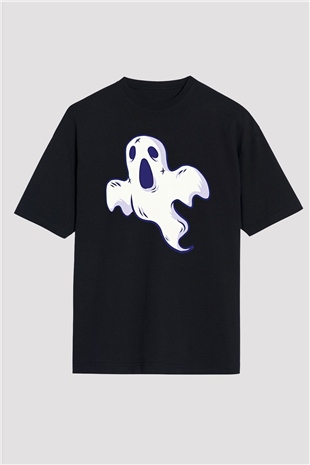 Halloween Baskılı Unisex Siyah Oversize Tişört - Tshirt