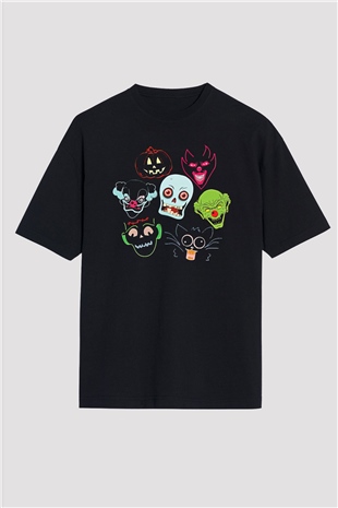 Halloween Baskılı Unisex Siyah Oversize Tişört - Tshirt