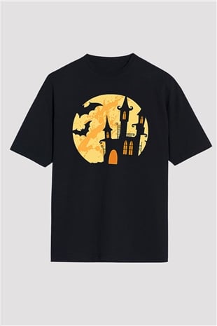 Halloween Baskılı Unisex Siyah Oversize Tişört - Tshirt