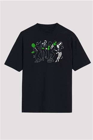Halloween Baskılı Unisex Siyah Oversize Tişört - Tshirt