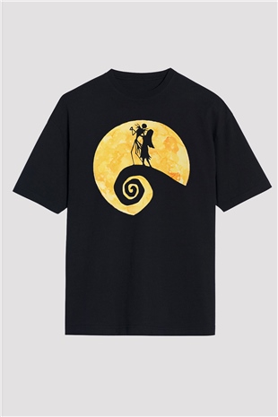 Halloween Baskılı Unisex Siyah Oversize Tişört - Tshirt