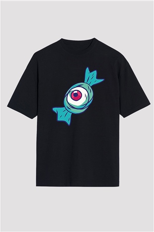Halloween Baskılı Unisex Siyah Oversize Tişört - Tshirt