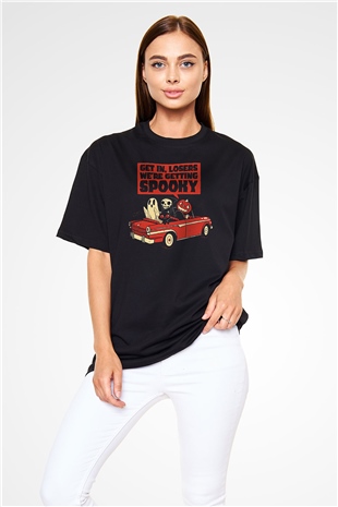 Halloween Baskılı Unisex Siyah Oversize Tişört - Tshirt