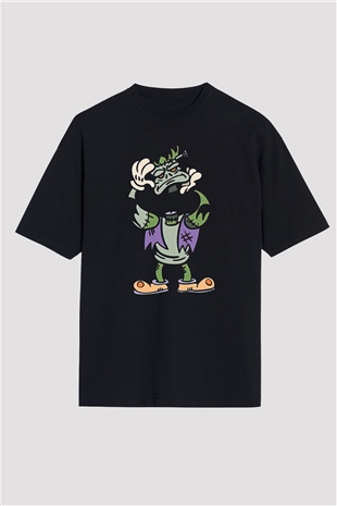 Halloween Baskılı Unisex Siyah Oversize Tişört - Tshirt