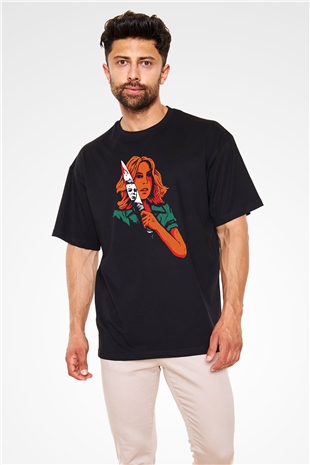 Halloween Baskılı Unisex Siyah Oversize Tişört - Tshirt