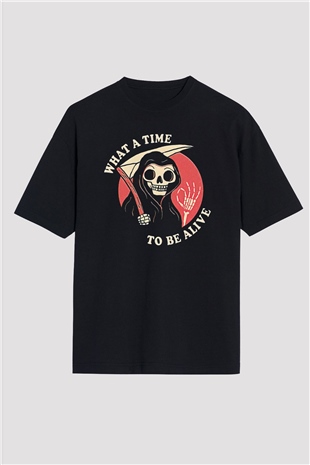 Halloween Baskılı Unisex Siyah Oversize Tişört - Tshirt