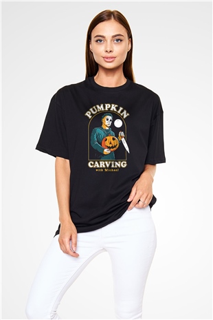 Halloween Baskılı Unisex Siyah Oversize Tişört - Tshirt