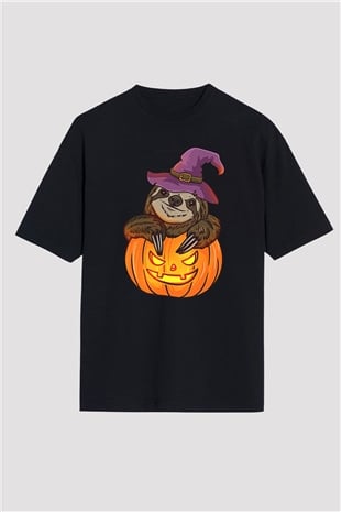 Halloween Baskılı Unisex Siyah Oversize Tişört - Tshirt