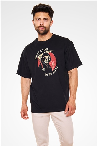 Halloween Baskılı Unisex Siyah Oversize Tişört - Tshirt