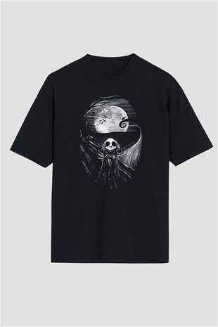 Halloween Baskılı Unisex Siyah Oversize Tişört - Tshirt