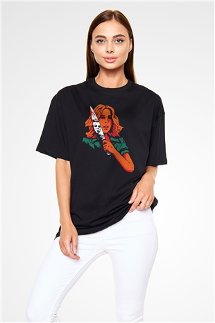 Halloween Baskılı Unisex Siyah Oversize Tişört - Tshirt