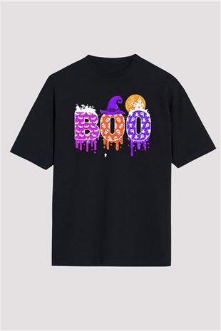 Halloween Baskılı Unisex Siyah Oversize Tişört - Tshirt