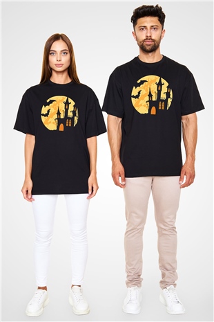 Halloween Baskılı Unisex Siyah Oversize Tişört - Tshirt