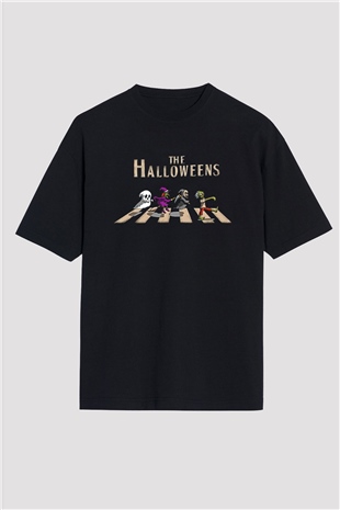 Halloween Baskılı Unisex Siyah Oversize Tişört - Tshirt