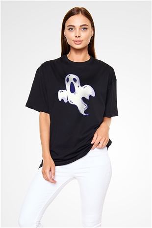 Halloween Baskılı Unisex Siyah Oversize Tişört - Tshirt