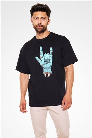 Halloween Baskılı Unisex Siyah Oversize Tişört - Tshirt