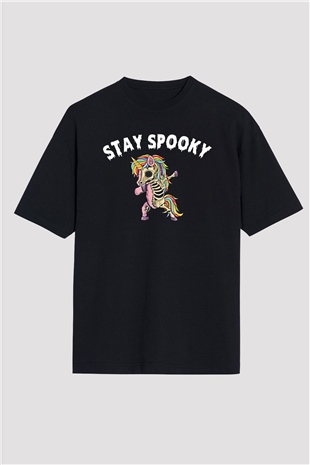 Halloween Baskılı Unisex Siyah Oversize Tişört - Tshirt