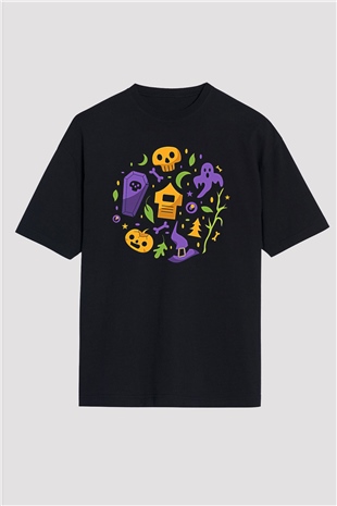 Halloween Baskılı Unisex Siyah Oversize Tişört - Tshirt